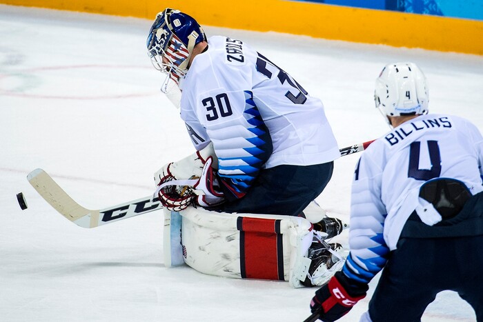 (Chris Detrick  |  The Salt Lake Tribune)  United States goaltender Ryan Zapolski (30) can't stop a goal during the United States vs Olympic Athletes from Russia hockey game at Gangneung Hockey Centre during the Pyeongchang 2018 Winter Olympics Saturday, Feb. 17, 2018. Olympic Athletes from Russia defeated United States 4-0.
