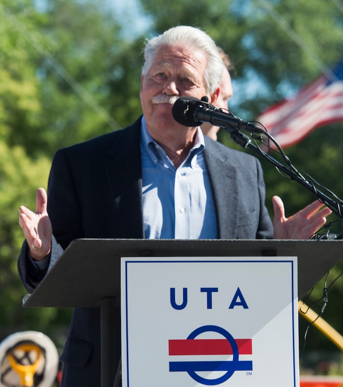 (Rick Egan  |  The Salt Lake Tribune)     Senator Gene Davis says a few words as South Salt Lake and other dignitaries met together to break ground on construction of UTA’s S-Line double track project, on 300 East and 2233 South, Monday, June 11, 2018.