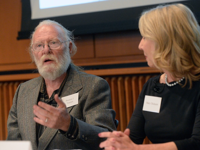 In this Monday, Oct. 3, 2016 photo, panelist Preston Truman, a lifelong downwinder activist, speaks at the launch event for “Downwinders of Utah Archive” at the J. Willard Marriott Libray at the University of Utah, in Salt Lake City. Playwright Mary Dickson, whose 2007 play “Exposed” chronicled the effects the above ground nuclear tests had on the downwind population in Utah is at right.  The new University of Utah archive about the state’s “downwinders” features oral histories, photographs and newspapers clippings documenting the impact of nuclear testing during the 1950s in Nevada. (Al Hartmann  /The Salt Lake Tribune via AP)