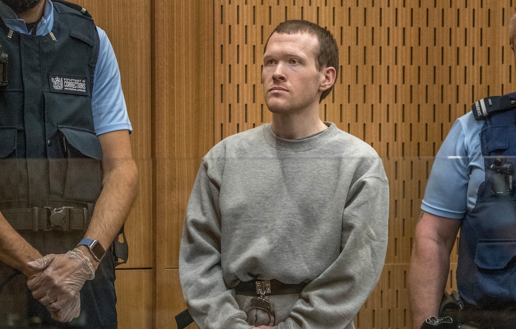 (John Kirk-Anderson | AP) Twenty-nine-year-old Australian Brenton Harrison Tarrant stands in the dock at the Christchurch High Court for sentencing after pleading guilty to 51 counts of murder, 40 counts of attempted murder and one count of terrorism in Christchurch, New Zealand, Monday, Aug. 24, 2020. More than 60 survivors and family members will confront the New Zealand mosque gunman this week when he appears in court to be sentenced for his crimes in the worst atrocity in the nation's modern history.