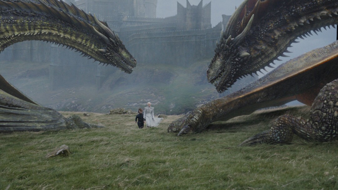 (Photo courtesy HBO) Tyrion Lannister (Peter Dinklage), Daenerys Targaryen (Emilia Clark) and two of her dragons on the island of Dragonstone in “Game of Thrones.”