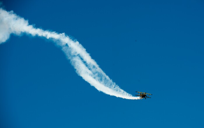 (Rick Egan  |  The Salt Lake Tribune)   Buck Roetman performs in is Pitts S-2S, at the Warriors Over the Wasatch airshow at Hill Airforce Base, Sunday, June 24, 2018.