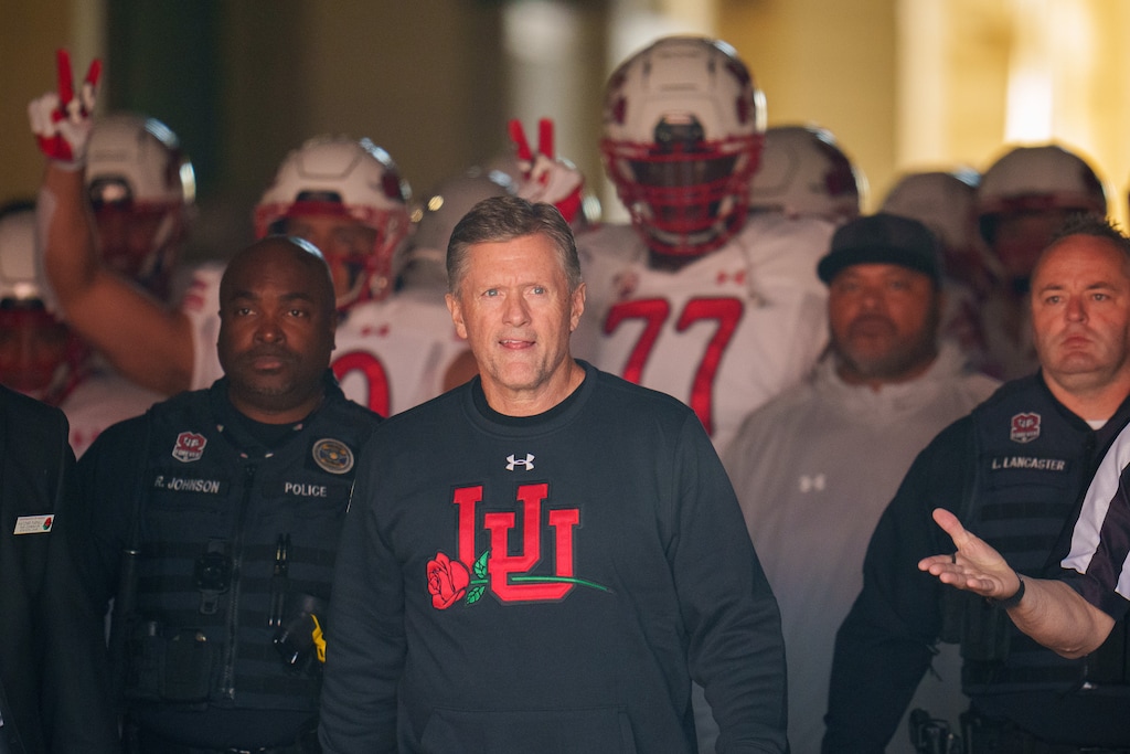 (Trent Nelson  |  The Salt Lake Tribune) Kyle Whittingham leads his team onto the field as the Utah Utes face the Ohio State Buckeyes at the Rose Bowl in Pasadena, Calif., on Saturday, Jan. 1, 2022.