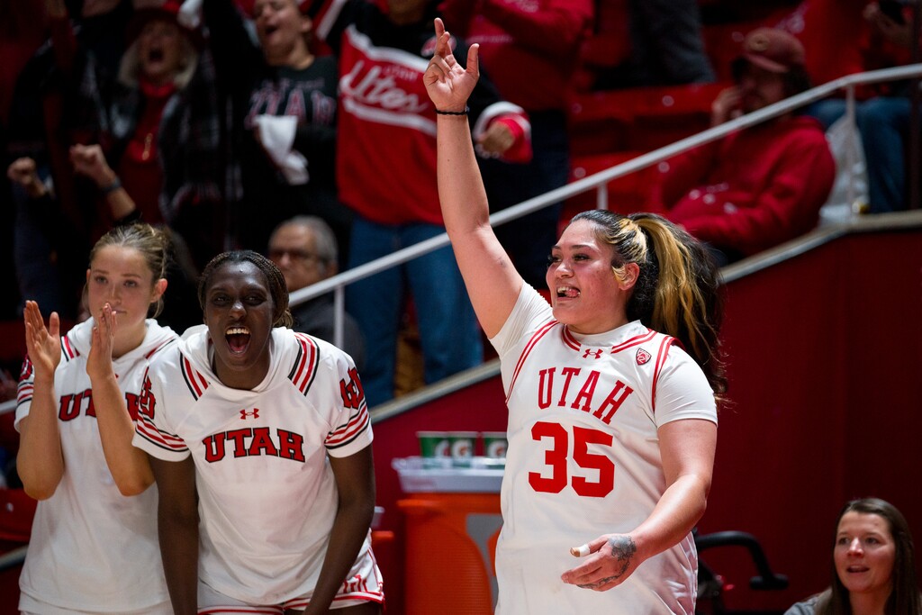 (Trent Nelson  |  The Salt Lake Tribune) Utah Utes forward Alissa Pili (35) celebrates the win as Utah hosts USC, NCAA basketball in Salt Lake City on Friday, Jan. 19, 2024.