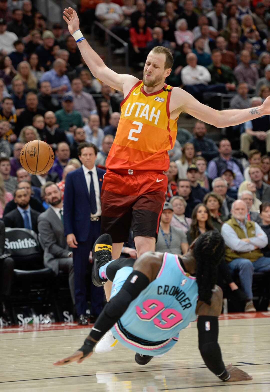 (Francisco Kjolseth  |  The Salt Lake Tribune) Utah Jazz guard Joe Ingles (2) collides with Miami Heat forward Jae Crowder (99) as the Utah Jazz host the Miami Heat in their NBA basketball game at Vivint Smart Home Arena in Salt Lake City on Wednesday, Feb. 12, 2020.