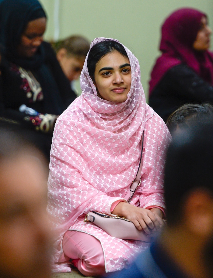 Leah Hogsten  |  The Salt Lake Tribune  Utah Islamic Center members listen as U.S. Senate candidate Mitt Romney addresses the Muslim congregation, Oct. 26, 2018, before Friday special prayers.