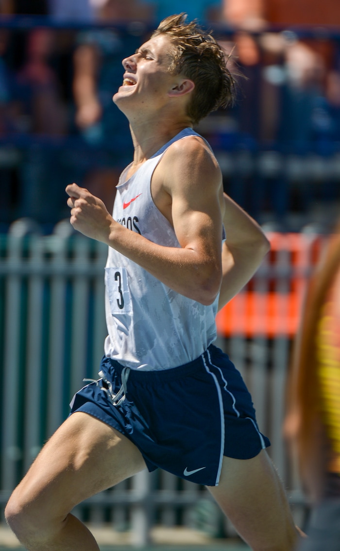(Leah Hogsten | The Salt Lake Tribune) Timpanogos' Brennan Benson advances to the finals after a time of 1:53.11 in the 5A Boys' 800 Meter at the 2018 Utah UHSAA State Track and Field Championships at Clarence Robison Track on the campus of Brigham Young University in Provo, Thursday, May 17, 2018.
