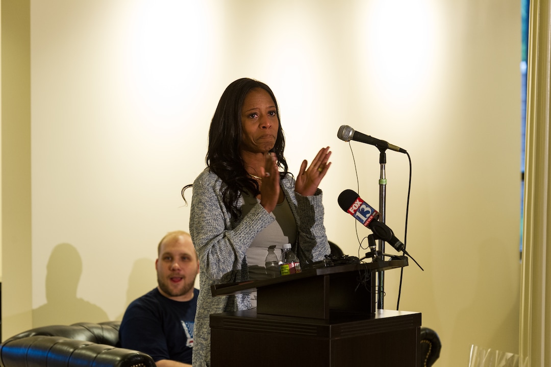 Alex Gallivan  |  Special to the Tribune Rep. Mia Love, R-Utah gets emotional speaking to the well wishers turned out to welcome Josh Hole and  his family in Riverton, Monday, May 28,2018