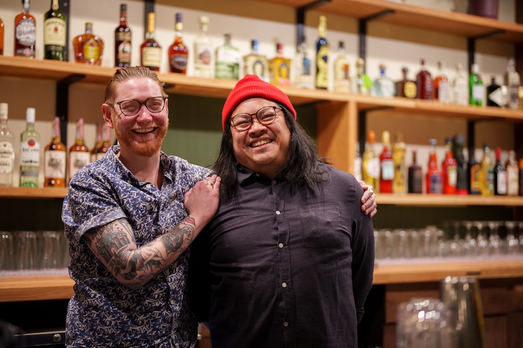 (Trent Nelson  |  The Salt Lake Tribune) Jacob Hall and Tommy Nguyen at The Pearl, a bar in Salt Lake City, on Saturday, March 5, 2022.