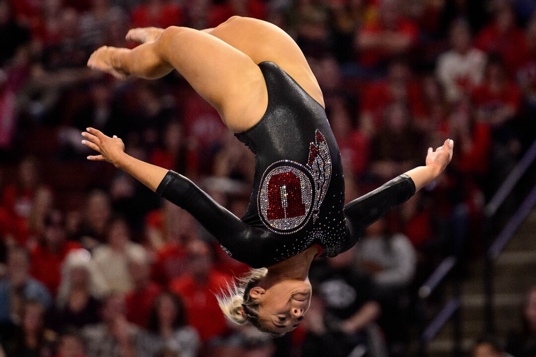 (Trent Nelson  |  The Salt Lake Tribune) Utah's Sydney Soloski on the floor at the Best of Utah NCAA Gymnastics Meet in West Valley City on Saturday, Jan. 11, 2020.