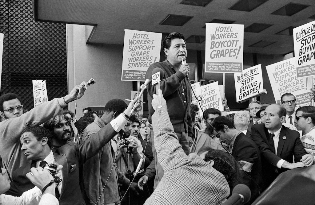 (John Sotomayor | The New York Times) Cesar Chavez, center, joins with United Farm Workers while demonstrating in New York, Oct. 10, 1969. An investigation by The New York Times found extensive evidence that the United Farm Workers co-founder groomed and sexually abused girls who worked in the movement.