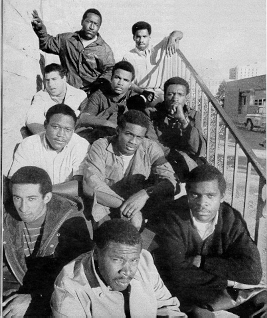 (photo courtesy the University of Wyoming) 10 members of the Black 14 at the University of Wyoming. Front center: Earl LeeSecond row l-r: John Griffin and Willie HysawThird row l-r: Down Meadows and Ivie MooreFourth row l-r: Tony Gibson, Jerry Berry and Joe WilliamsFifth row l-r: Mel Hamilton and Jim IssacNot shown are Tony Magee, Ted Williams, Lionel Grimes and  Ron Hill
