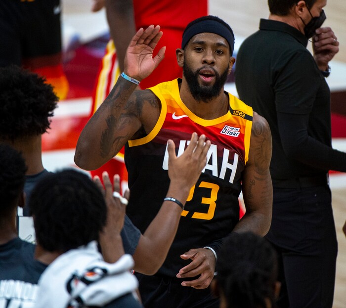 (Rick Egan | The Salt Lake Tribune) Utah Jazz forward Royce O'Neale (23) gets high -fives as he leaves the game, in NBA action between the Utah Jazz and the Atlanta Hawks at Vivint Arena, on Friday, Jan. 15, 2021.