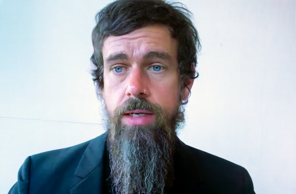 FILE - In this Wednesday, Oct. 28, 2020, file photo, Twitter CEO Jack Dorsey appears on a screen as he speaks remotely during a hearing before the Senate Commerce Committee on Capitol Hill, in Washington. (Michael Reynolds/Pool Photo via AP, File)