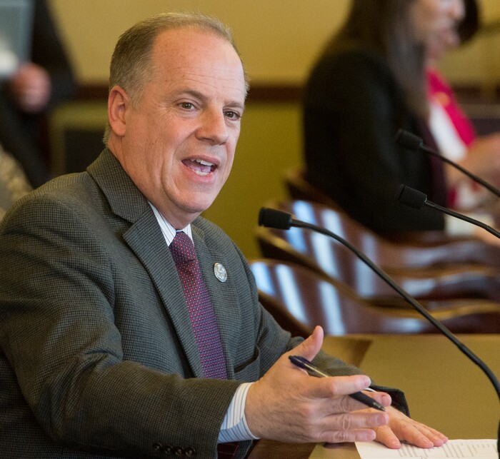 (Rick Egan  |  The Salt Lake Tribune)     Rep. Brian Greene introduces HB 185, in a committee meeting, Friday, January 26, 2018.


