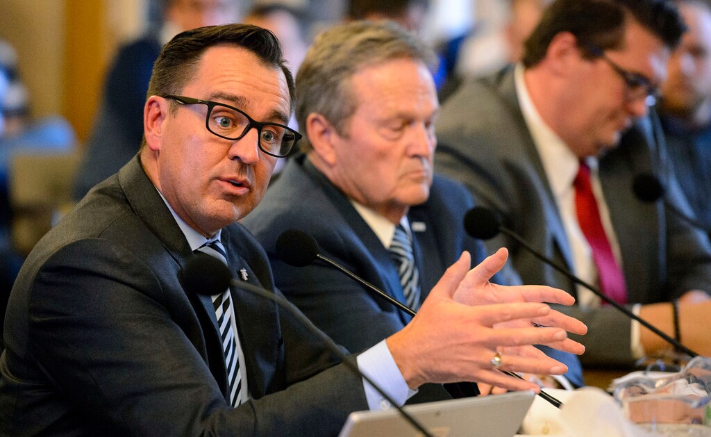 (Steve Griffin  |  The Salt Lake Tribune)  House Speaker Greg Hughes, left, is joined by Sen. Jerry Stevenson, R-Layton and Rep. Francis Gibson, R- Mapleton while addressing the Salt Lake City Council on plans for northwest quadrant development during a meeting at the City and County building in Salt Lake City Tuesday February 6, 2018.