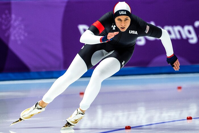 (Chris Detrick  |  The Salt Lake Tribune)  USA's Brittany Bowe races Netherlands' Jorien Ter Mors in the Ladies' 1,000m during the Pyeongchang 2018 Winter Olympics Wednesday, Feb. 14, 2018.  Bowe finished in 4th place with a time of 1:14.36.