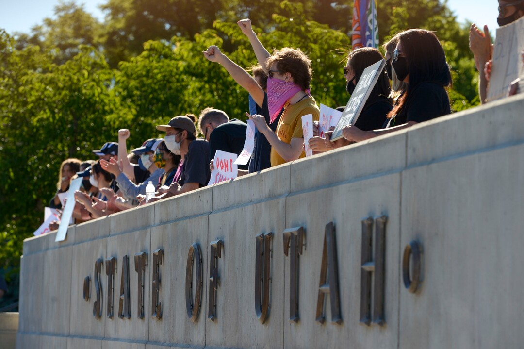 (Leah Hogsten  |  The Salt Lake Tribune) The Party for Socialism and Liberation Salt Lake walks from the Utah Capitol to the Wallace Bennett Federal Building to join forces with another protest group Salt Lake Equal Rights Movement, June 9, 2020. 