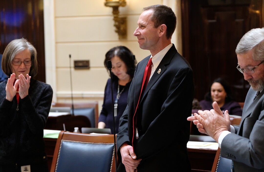 (Francisco Kjolseth  |  The Salt Lake Tribune)  Senator Brian Zehnder, R-Salt Lake, is welcomed as the newest member to the senate floor for the opening of the 2018 legislative session at the Utah Capitol on Monday, Jan. 22, 2018.