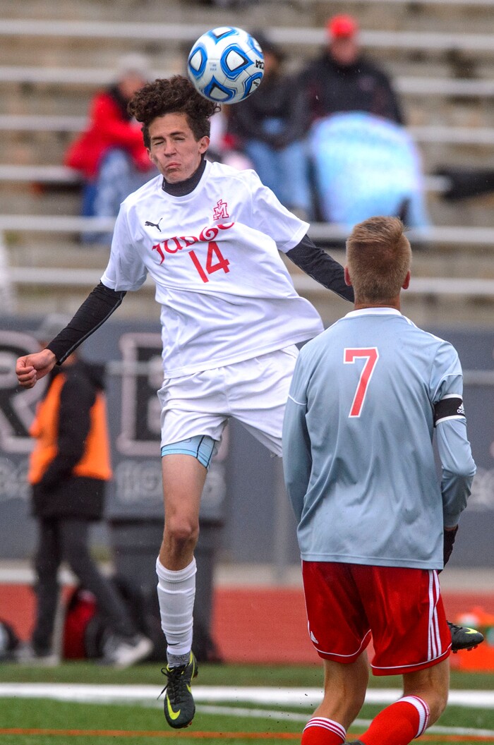 (Steve Griffin  |  The Salt Lake Tribune) Judge's Amador Guzman heads the ball up filed during the Class 3A boys' soccer state semifinal against Delta at Alta High School in Sandy Friday May 11, 2018.