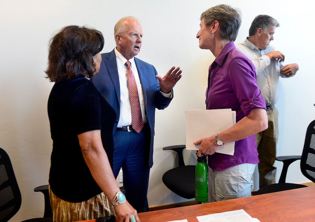 (Scott Sommerdorf   |  Tribune file photo) In this July 14, 2016, file photo, then state Rep. Mike Noel, R-Kanab, speaks with Interior Secretary Sally Jewell after she attended a public meeting with the San Juan County Commissioners in Monticello, about the proposed Bear Ears National Monument. Noel earlier this year won a civil stalking injunction against a critic who views the court action as a gag order of sorts.