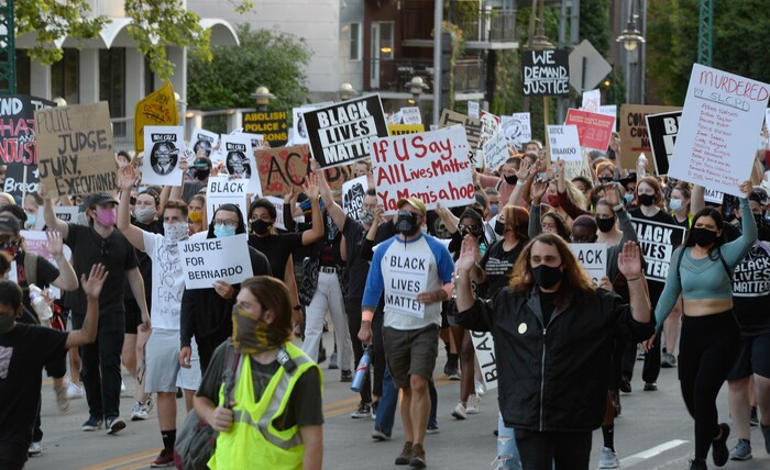 (Francisco Kjolseth  |  The Salt Lake Tribune) As part of national day of protest against police crimes, the National Alliance Against Racist and Political Repression, the Salt Lake Civilian Police Accountability Council and other groups gather at the Utah Capitol on Saturday, July 18, 2020, before marching along South Temple to the Governor’s mansion to demand for a special session to repeal HB 415, which prohibits municipalities from establishing a board or committee with regulatory power over police departments.