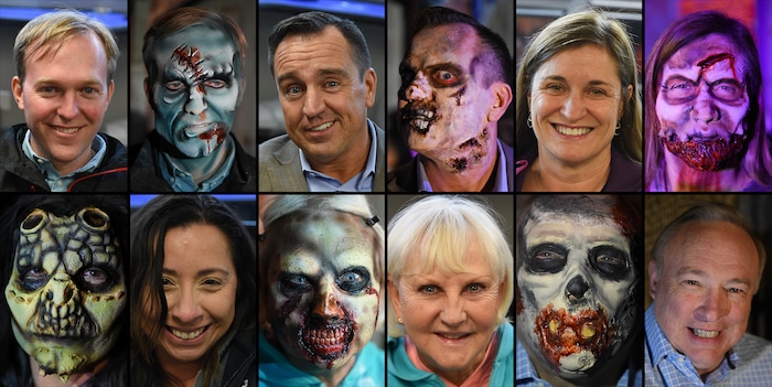 (Francisco Kjolseth  |  The Salt Lake Tribune) Local politicians fall prey to the zombie apocalypse at the Fear Factory on Thursday, Oct. 12, 2017, as they raise awareness for needed donations to the Utah Food Bank. Undergoing the transformation, clockwise from upper left, Salt Lake County Mayor Ben McAdams, Utah House Speaker Greg Hughes, Salt Lake County Councilmember Jenny Wilson, State Senators Jim Dabakis and Karen Mayne, and Utah House member Angela Romero.