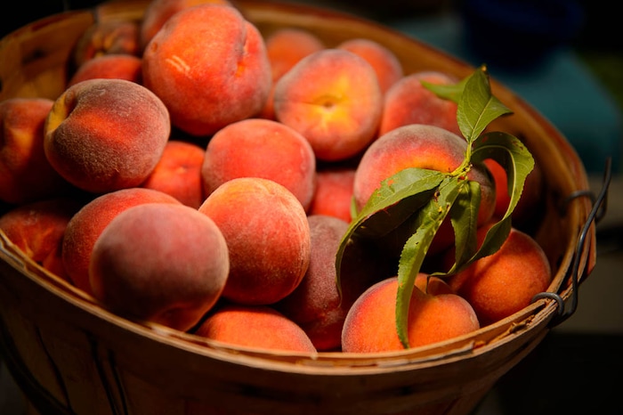 (Trent Nelson | The Salt Lake Tribune)  Peaches from Wilson's Peaches at the Tuesday Farmer's Market in Salt Lake City's Pioneer Park, Tuesday Aug. 14, 2018. The laid-back market continues now through September and features about 20 vendors.