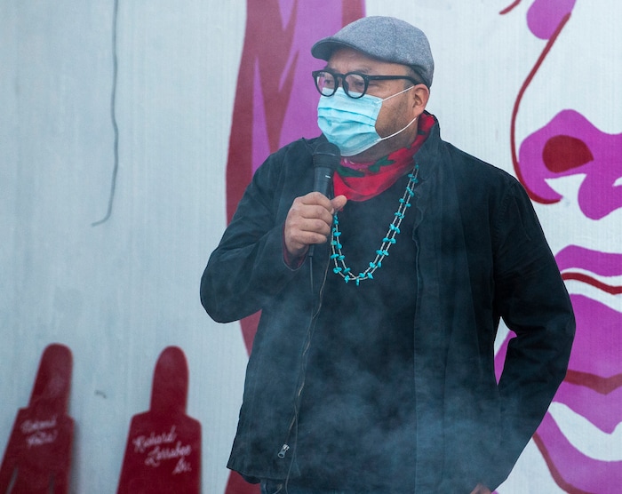 (Rick Egan  |  The Salt Lake Tribune)    Moroni Benally speaks at the Indigenous Peoples Day celebration, on Monday, Oct. 12, 2020.