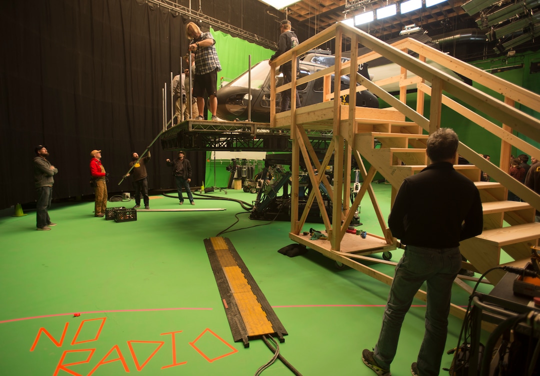 (Rick Egan  |  The Salt Lake Tribune)   Stage crews prepare to shoot a helicopter scene Thursday, Nov. 16, 2017, for the upcoming Paramount Network series "Yellowstone" on a soundstage at Utah Film Studios in Park City.