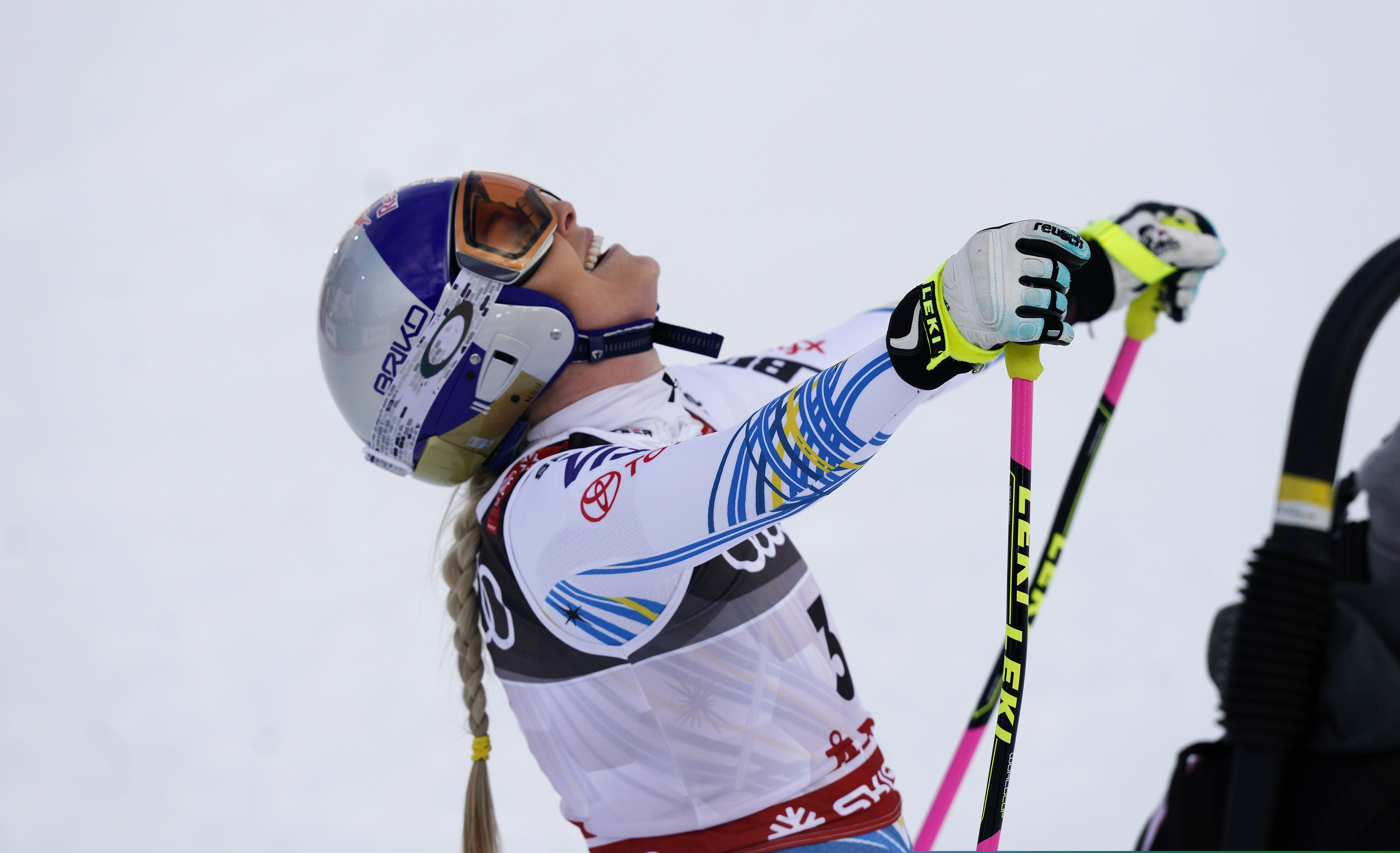 United States' Lindsey Vonn smiles in the finish area after the women's downhill race, at the alpine ski World Championships in Are, Sweden, Sunday, Feb. 10, 2019. (AP Photo/Giovanni Auletta)