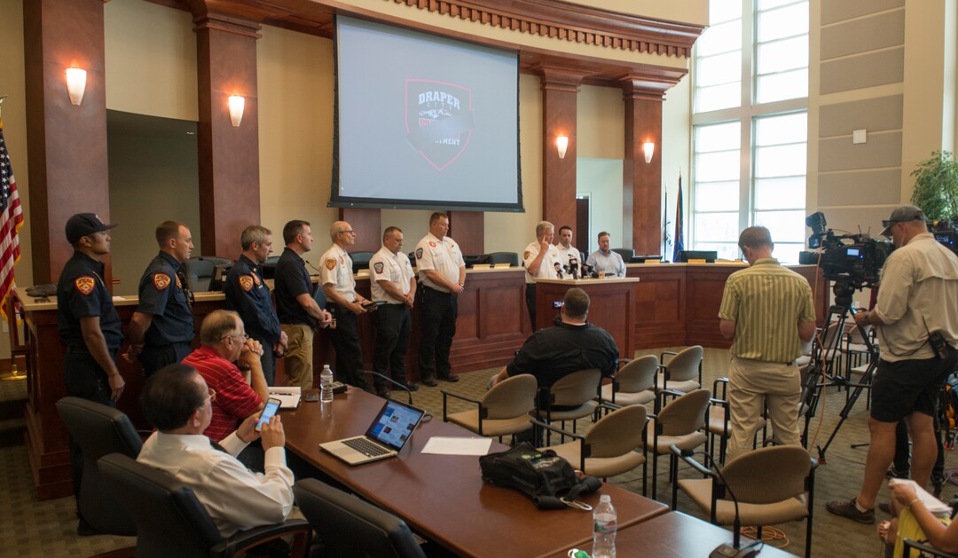 (Rick Egan  |  The Salt Lake Tribune)         Unified Fire Chief Dan Petersen speaks at a news conference at Draper City Hall about Matt Burchett, 42, who died fighting wildfires in California. Tuesday, Aug. 14, 2018.