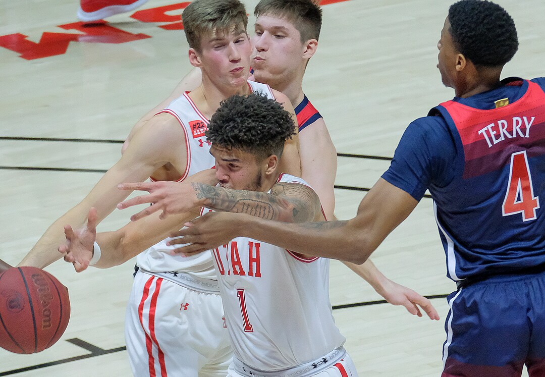 (Leah Hogsten | The Salt Lake Tribune) Utah Utes forward Timmy Allen (1) loses control of the ball on a drive as the University of Utah host the Arizona Wildcats, Feb. 4, 2021 at the Jon M. Huntsman Arena.