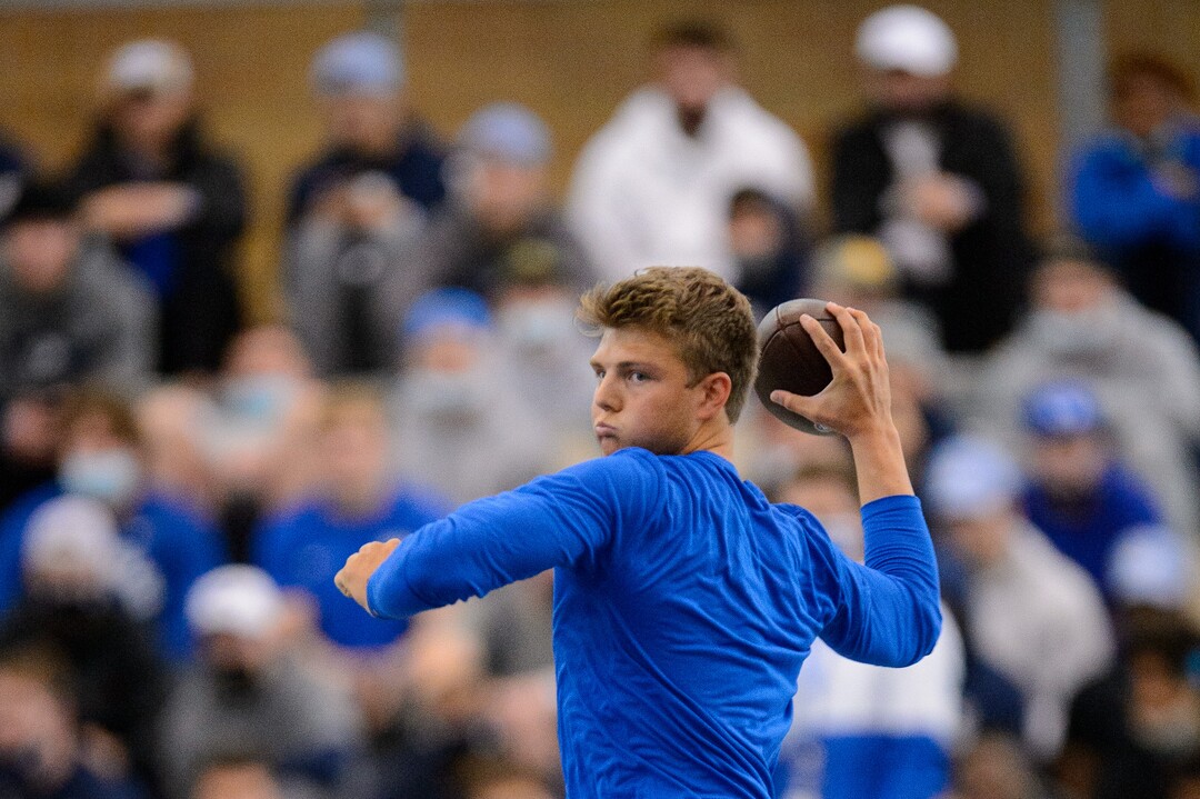 (Trent Nelson  |  The Salt Lake Tribune) BYU quarterback Zach Wilson works out for NFL scouts during BYU Pro Day, in Provo on Friday, March 26, 2021.