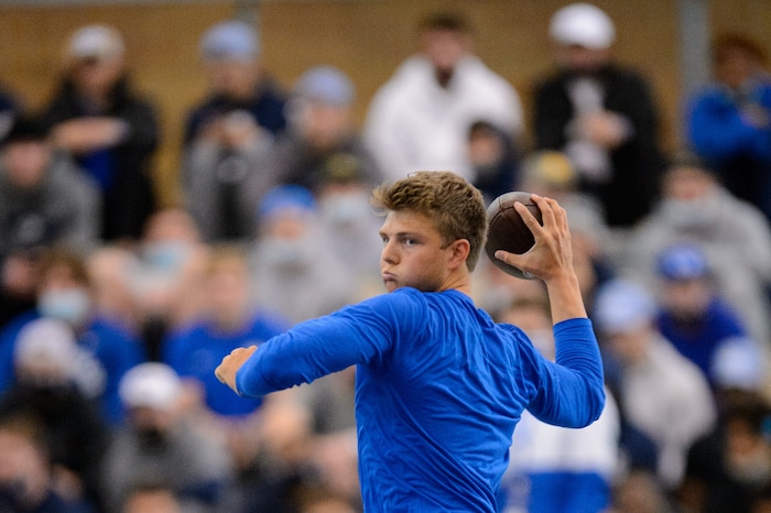 (Trent Nelson | The Salt Lake Tribune) BYU quarterback Zach Wilson works out for NFL scouts during BYU Pro Day, in Provo on Friday, March 26, 2021.