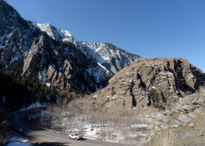 Al Hartmann  |  The Salt Lake Tribune) 	
Mid-level mountains near Storm Mountain partway up Big Cottonwood Canyon shows little snowpack Monday March 12.