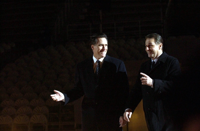 (Rick Egan  |  Tribune file photo) Mitt Romney, the head of the Salt Lake Organizing Committee, chats with IOC President Jacques Rogge at Rice-Eccles Stadium.