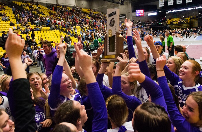 (Rick Egan  |  The Salt Lake Tribune)  The Box Elder Bees celebrate their state title after defeating the Bountiful Braves, in the 5A volleyball championship game, at Utah Valley University, Saturday, November 4, 2017.
