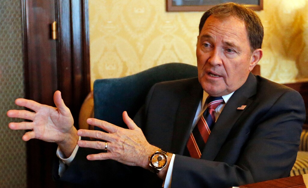 Utah Gov. Gary Herbert speaks during an interview at the Utah state Capitol, Thursday, March 8, 2018, in Salt Lake City. Herbert says he's open to approving a $1.65 million lawsuit against California over rules that make coal-fired power more expensive. (AP Photo/Rick Bowmer)