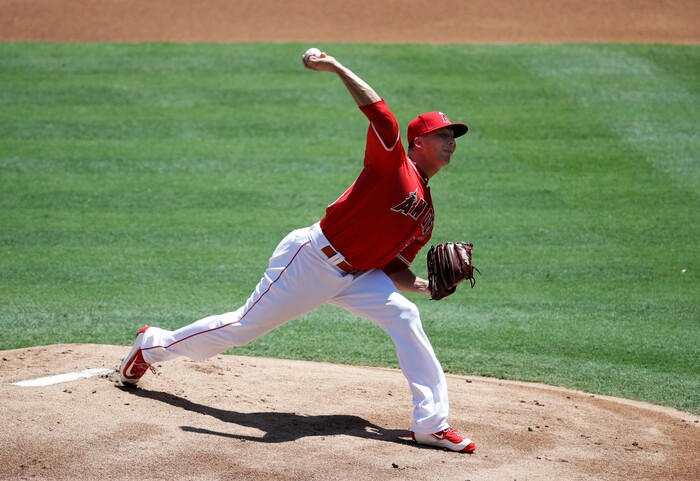 Los Angeles Angels relief pitcher Troy Scribner throws against the Baltimore Orioles during the first inning of a baseball game, Wednesday, Aug. 9, 2017, in Anaheim, Calif. (AP Photo/Jae C. Hong)