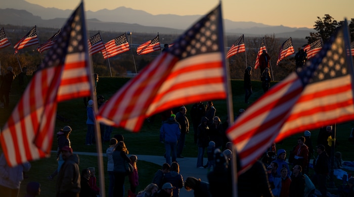 Leah Hogsten  |  The Salt Lake Tribune   Veterans, family members of active and retired military and patriotic supporters celebrated Veteran's Day at the Barker Park amphitheater in North Ogden with a  memorial for North Ogden's hometown hero Army Major Brent Russell Taylor, who was killed in action on November 3, 2018, while training an Afghan Army commando battalion in Afghanistan.

