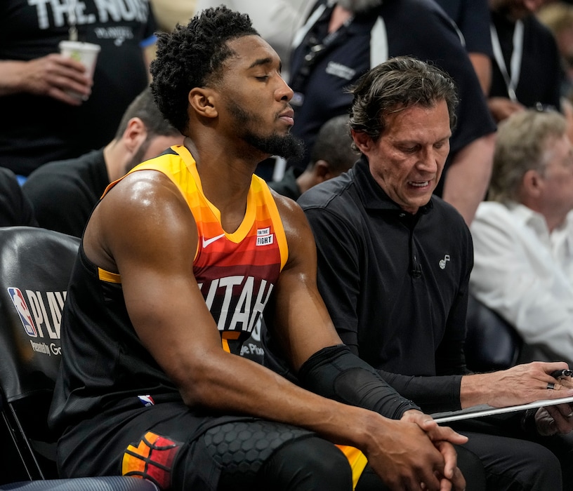 (Leah Hogsten | The Salt Lake Tribune)  Utah Jazz guard Donovan Mitchell (45) and Utah Jazz head coach Quin Snyder during Game 6 of the 2022 NBA first-round playoff series against the Dallas Mavericks, Saturday, April 23, 2022, in Salt Lake City.