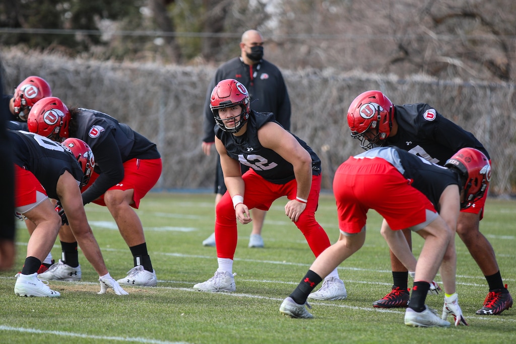 (Kory Mortensen | University of Utah Athletics) Defensive end Mika Tafua (42) participates in Utah football spring practice, Monday, March 15, 2021.