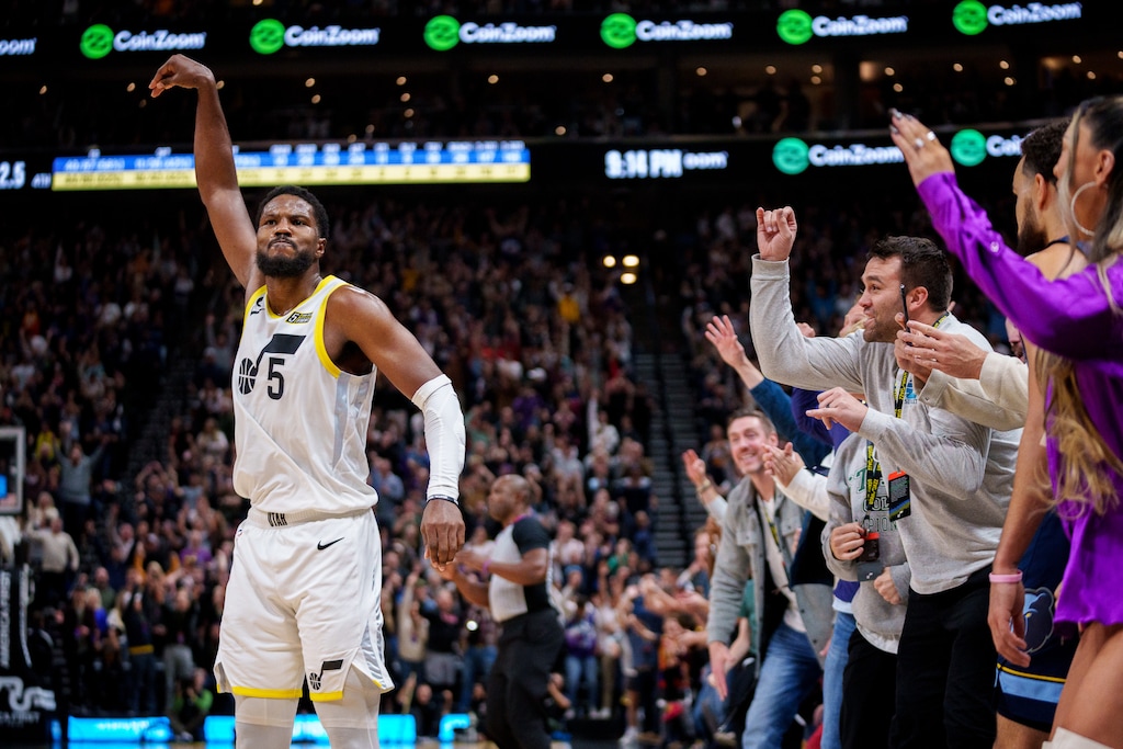 (Trent Nelson | The Salt Lake Tribune) Utah Jazz guard Malik Beasley (5) celebrates a three-pointer to put the Jazz up by four with 22.5 seconds remaining, as the Utah Jazz host the Memphis Grizzlies, NBA basketball in Salt Lake City on Saturday, Oct. 29, 2022.