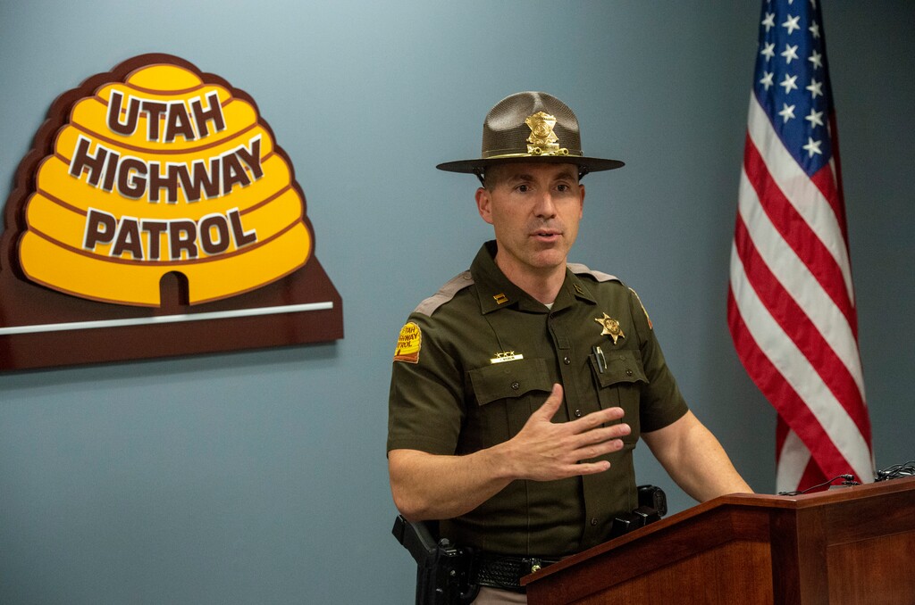 (Rick Egan  |  The Salt Lake Tribune)      Captain Jeff Nigbur, Utah Highway Patrol's Salt Lake County Bureau Chief urges drivers to slow down when the weather is bad, during a news conference, Monday, Dec. 2, 2019.