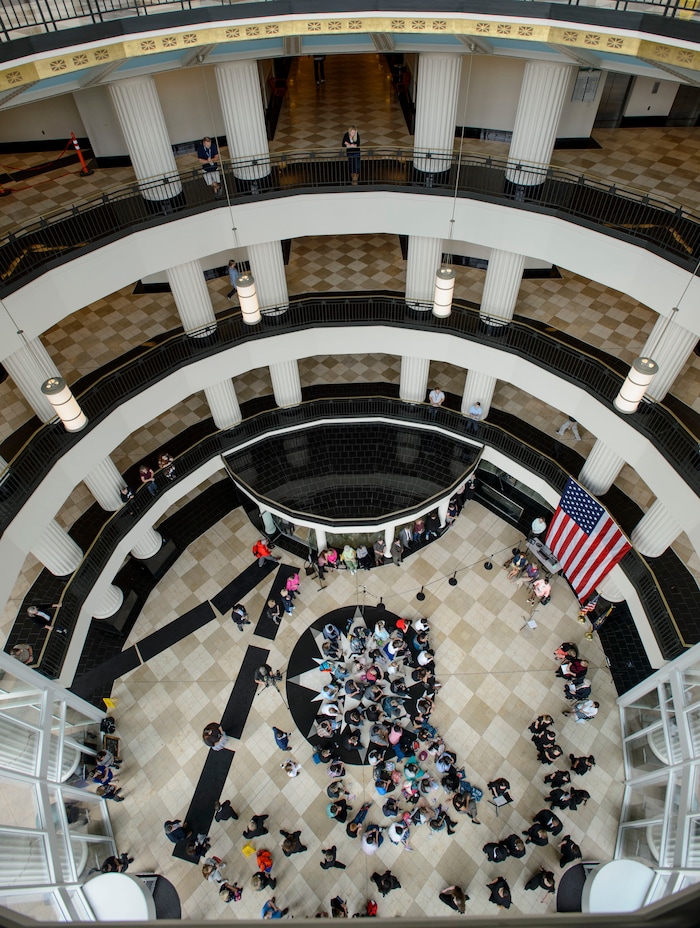 (Steve Griffin  |  The Salt Lake Tribune)  Midvale Middle School children sit in the rotunda of the Matheson Courthouse as the Utah State Courts celebrate Constitution Day in Salt Lake City Friday September 15, 2017.

