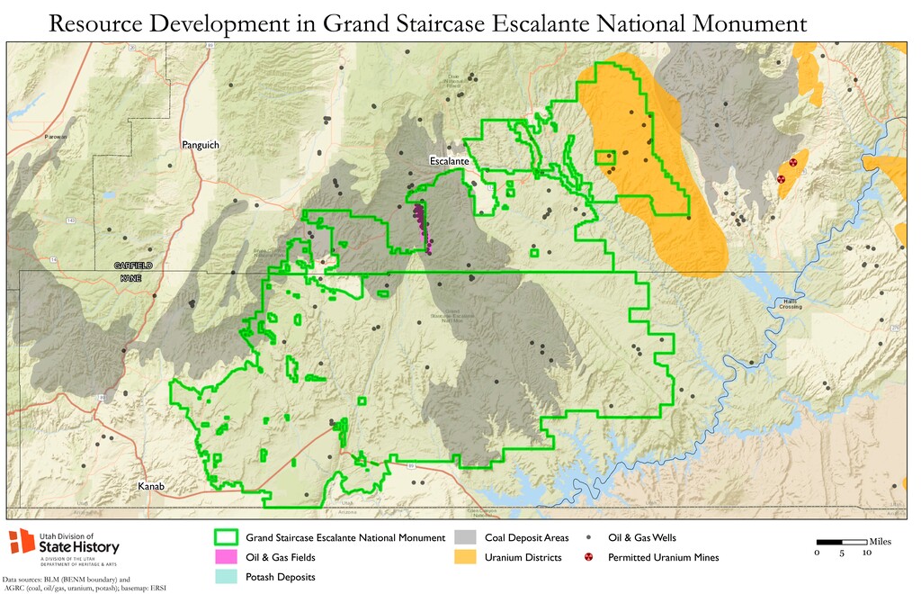 (Courtesy)  This map, obtained from the State Hsitoric Preservation office through an open records request, shows the location of oil, gas and coal resources in and around the Grand Staircase Escalante National Monument. 