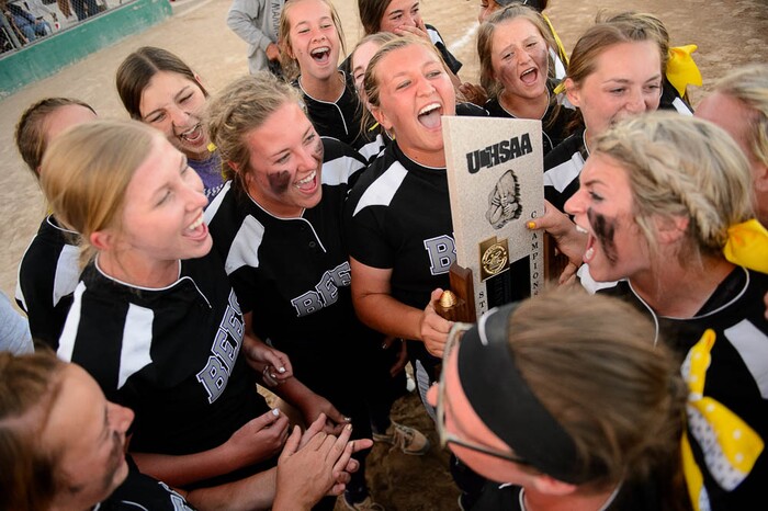 (Trent Nelson | The Salt Lake Tribune)  Box Elder beats Bountiful High School in the 5A Softball State Championship game, Thursday May 24, 2018. Box Elder players celebrate.