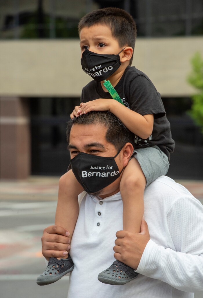 (Rick Egan  |  The Salt Lake Tribune)     Bernardo's nephew, 3-year-old Aiden Palacios, rides on the shoulders of his dad Freddie Polacios, as they march with protesters in Salt Lake City, during a Justice for Bernardo Polacios rally on Thursday, June 25, 2020.