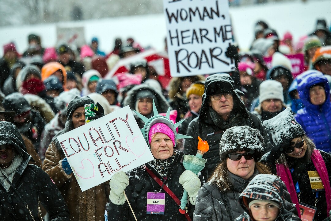 (Chris Detrick  |  The Salt Lake Tribune)  People gather during the Respect Rally Park City at City Park on Saturday, Jan. 20, 2018.
